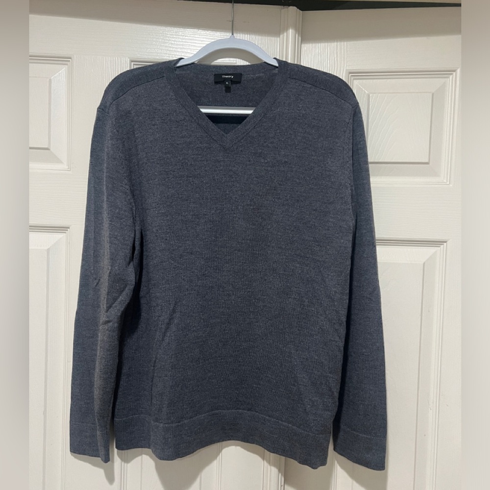 Men’s XL THEORY RILAND V-Neck Classic Preppy 100% Wool Gray Lightweight‎ Sweater